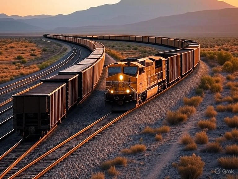 A long coal train traveling along a modern railway line in a vast landscape